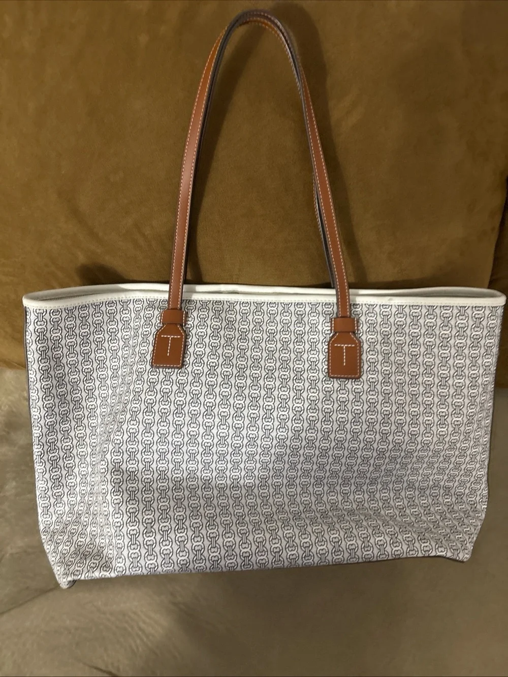 Tory Burch Blue and White Stripe Daisy Canvas Tote with Brown Leather Handles
